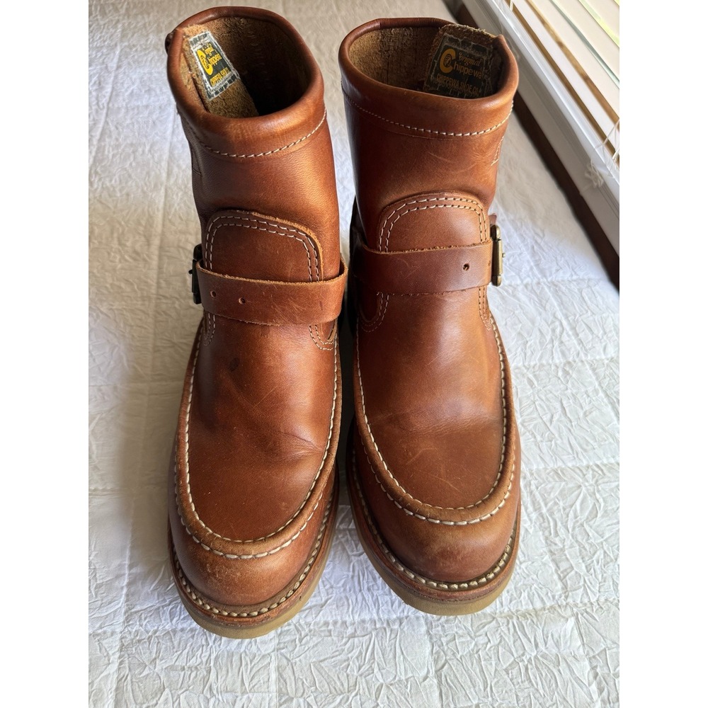 Chippewa USA Mens Tan Leather Moc Toe Engineer Boots Vibram Wedge Sole
